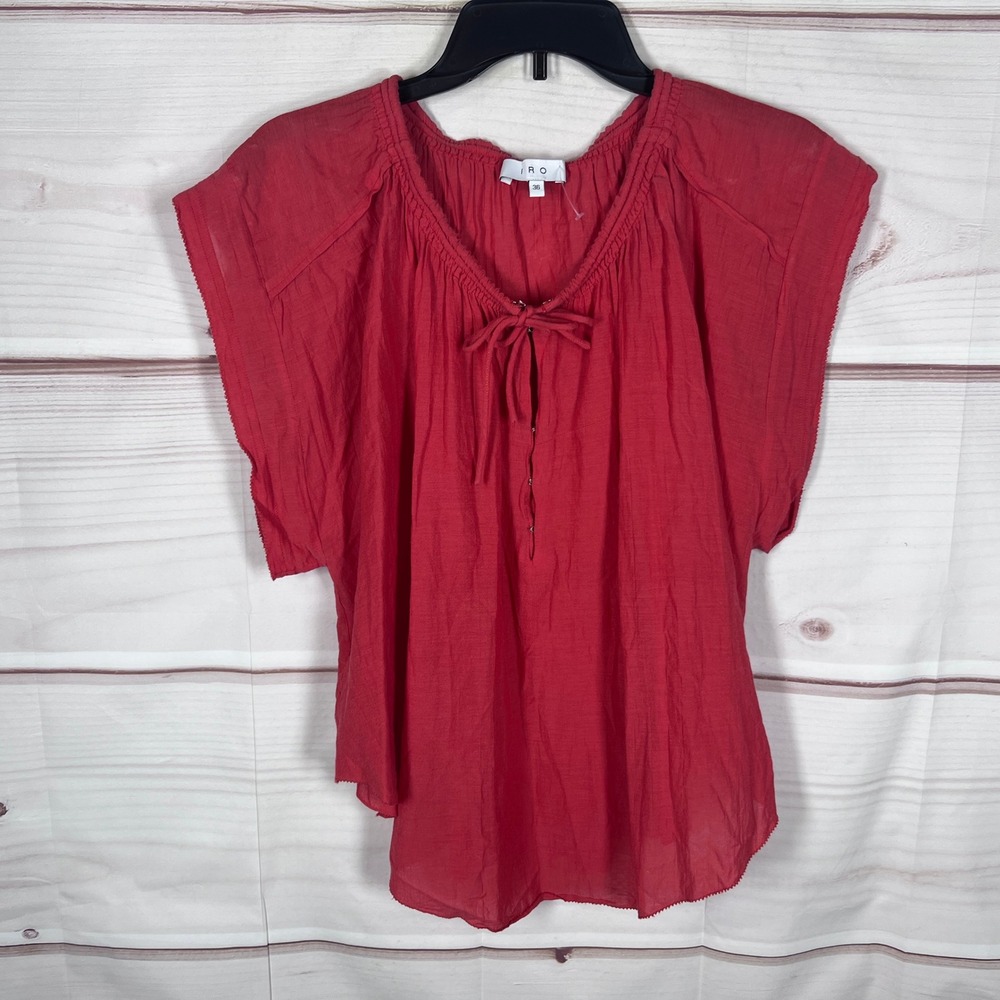 IRO Top Womens 36 S Red Maeva Blouse Short Sleeve Tie Neck Gauze Flowy Boho